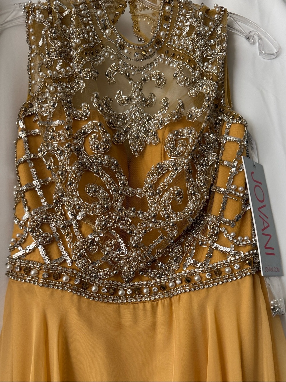 Jovani Mustard Beaded Illusion Bodice Prom Gown